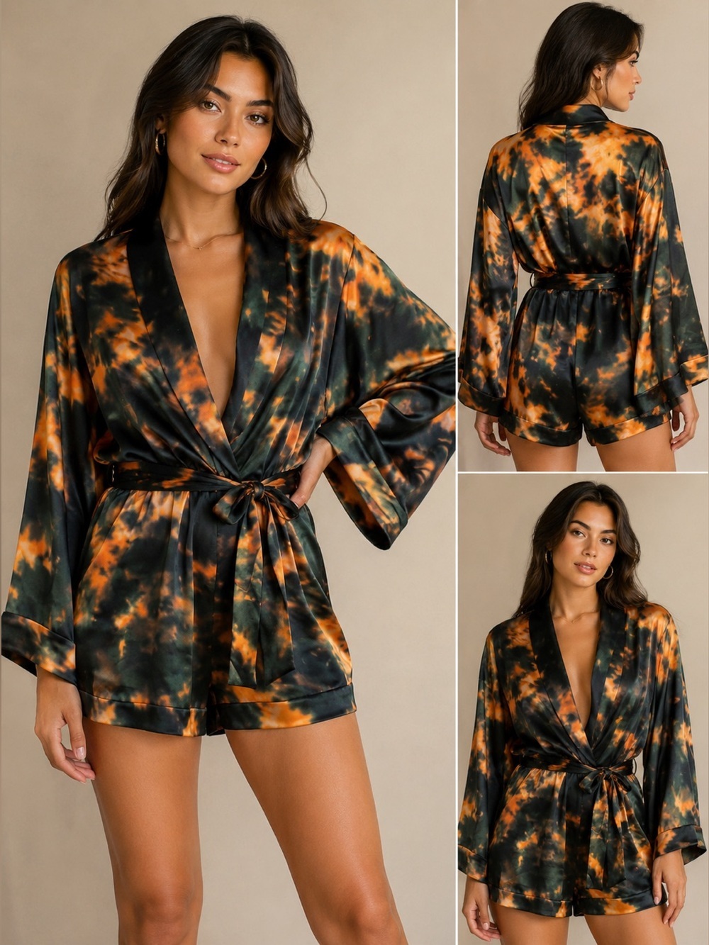 Camila Coelho Amelia Romper in an orange and teal tie-dye pattern